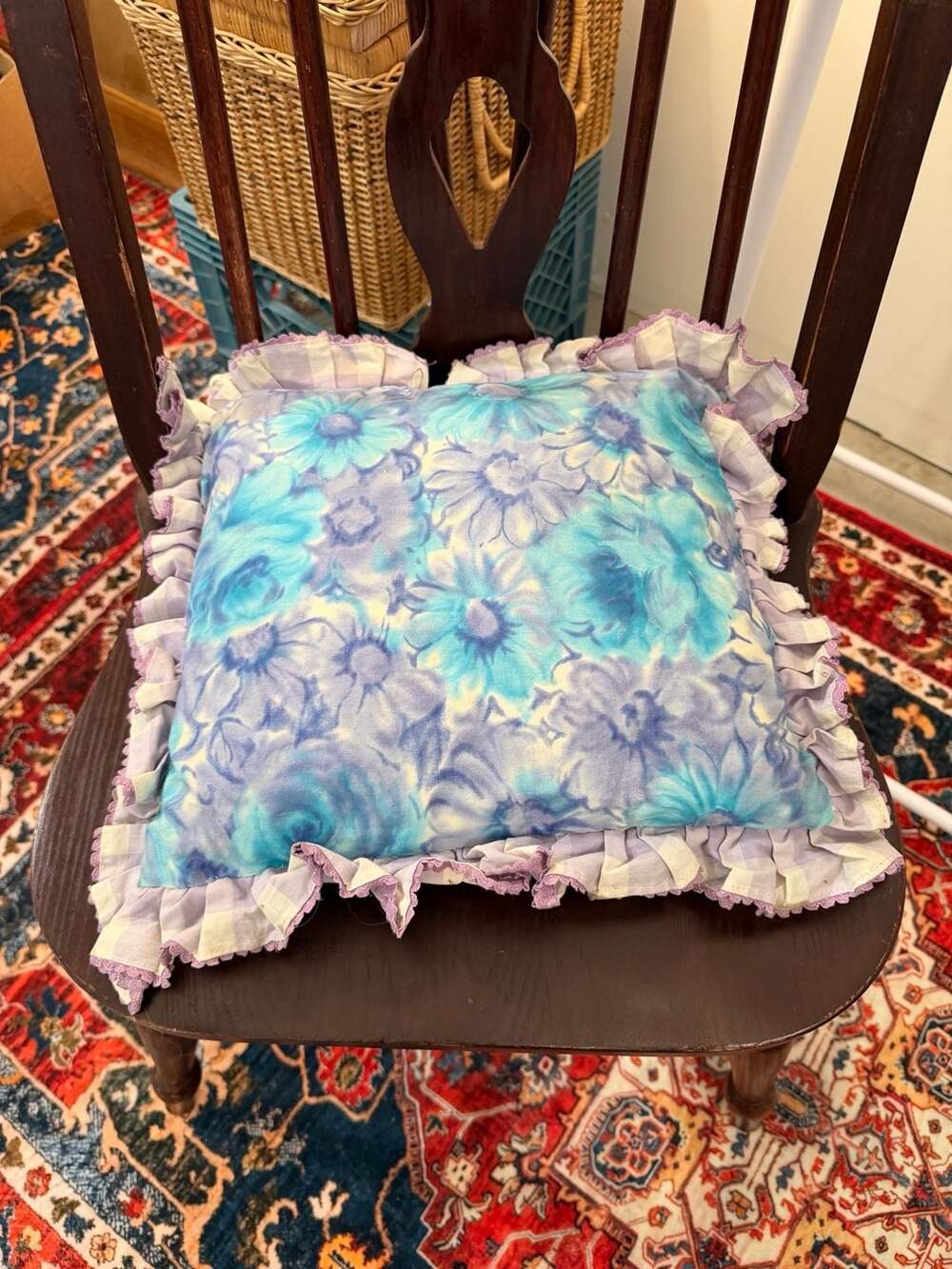 Vintage Cottagecore Grandma Floral Pillow Pink Blue Sham Ruffle Trim Ruched Back